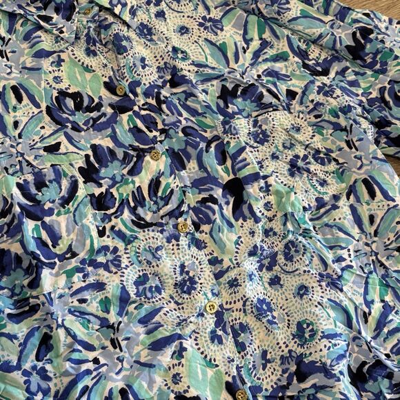Lilly Pulitzer Top Blouse Womens XL Blue Floral Long Sleeve Flowy Rayon Colorful - Picture 2 of 5